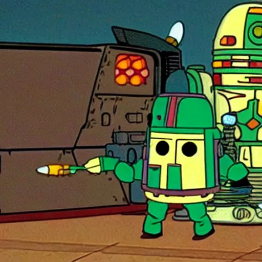 Image similar to Boba Fett has an argument with Spongebob Squarepants, 1990s cable quality television image