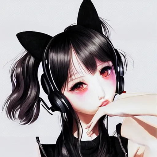 Image similar to realistic beautiful gorgeous natural cute Blackpink Lalisa Manoban black hair fur black cat ears, wearing white camisole summer outfit, headphones, black leather choker artwork drawn full HD 4K highest quality in artstyle by professional artists WLOP, Aztodio, Taejune Kim, Guweiz on Pixiv Instagram Artstation