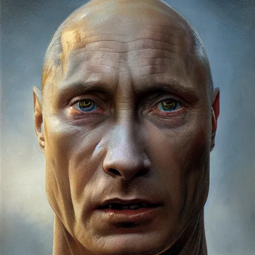 Image similar to vladimir putin, putin is bald prehistoric reptiloid reptile eyes, toothless, horror macabre by donato giancola and greg rutkowski and wayne barlow and zdzisław beksinski, realistic face, digital art