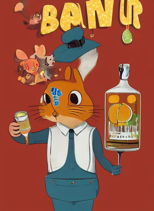 Prompt: squirrel anthro as a dapper bartender with a big fluffy tail, retro futurism, art deco, detailed painterly digital art by Richard Scarry, 🐿🍸🍋, furaffinity, trending on artstation