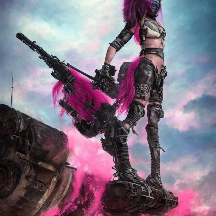 Image similar to beautiful apocalyptic woman with pink Mohawk, standing on mad max panzer tank, 4k ultra hd, fantasy dark art, tank girl, artstation, octane render, elegant, detailed digital painting