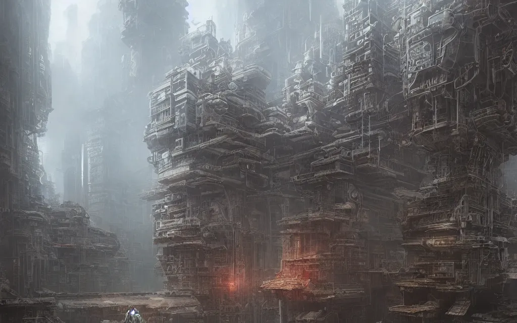 Image similar to gigantic mechanic megastructure, warhammer, cyberpunk, intricate, elegant, highly detailed, digital painting, artstation, concept art, smooth, sharp focus, octane render, dramatic lighting, volumetric lighting, cinematic lighting, art by zdislav beksinski and wayne barlowe