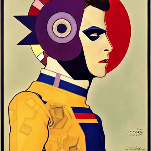 Prompt: Art by Coles Phillips, David Bowie as Space Commander Zeta from the Year 3000, Mucha, Kandinsky