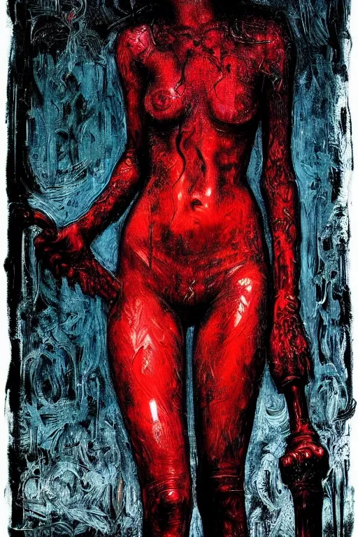 Image similar to dreamy gothic girl, long black leather, wet red brush, beautiful woman body, detailed acrylic, grunge, intricate complexity, by dan mumford and by alberto giacometti, peter lindbergh