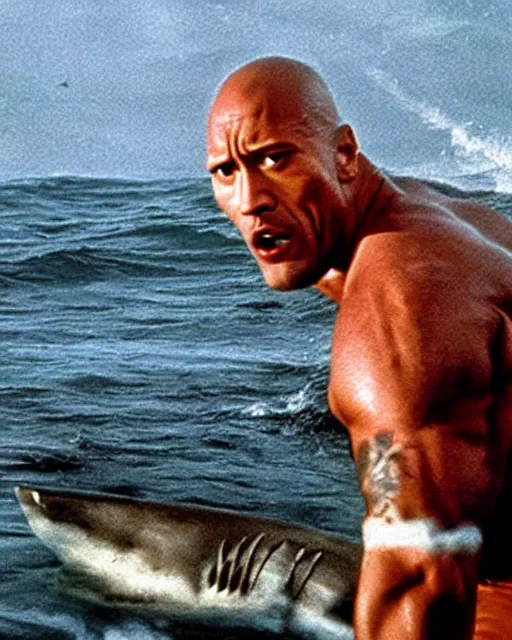 Image similar to film still close up shot of dwayne johnson fighting with a shark in the movie jaws. photographic, photography