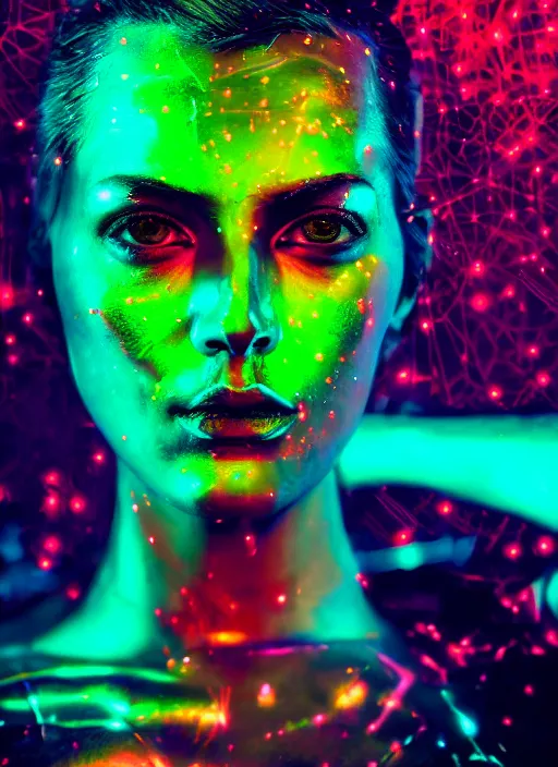 Prompt: dramatic cyberpunk portrait of a metallic woman's face, crystalline, bioluminescent, red glow, green glow, blue glow, atmospheric haze, intense shading, chromatic aberration, glitch, backlit, bokeh, centered