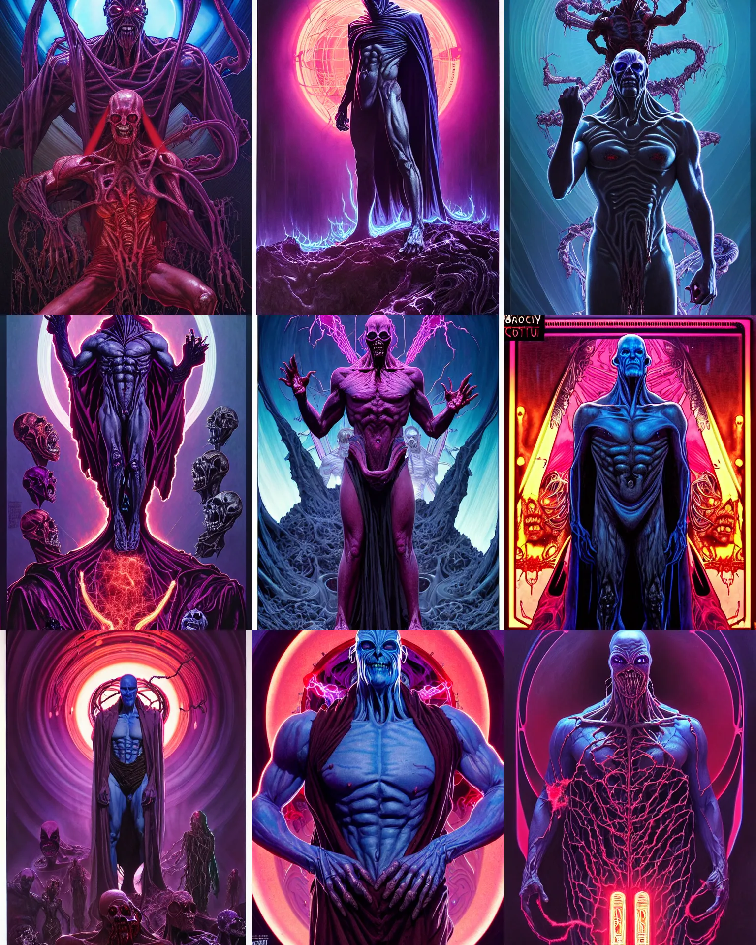 Prompt: the platonic ideal of synthwave of cletus kasady ultimate carnage thanos dementor doctor manhattan chtulu nazgul, detailed, intricate, hyperrealism, intense, scary, decay, dmt, art by brock hofer and artgerm and greg rutkowski and alphonse mucha