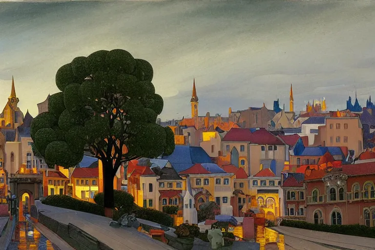 Image similar to view of the old city and its tree-lined winding streets still wet after a storm, tall windows lit up, beautiful ornamental architecture, dramatic cinematic lighting, rich colors, by Nicholas Roerich and and William Dyce and ford madox brown and April Gornik and Sylvain Sarrailh and Ludwig Deutsch, featured on artstation