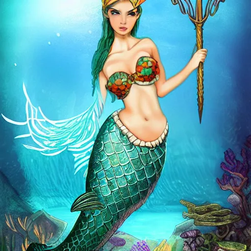 Prompt: beautiful mermaid guard holding a sharp trident, sea background with sea weeds and small sea creatures, fantasy game art