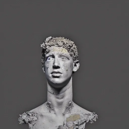 Image similar to Award-winning photograph by Cindy Sherman. The photo depicts a decaying roman bust of Mark Zuckerberg overgrown with moss at the bottom of the sea in the middle of ruins of civilization. Far shot. Minimalism, high definition, perfect composition. Deep sea picture. Very dark. Volumetric Lighting. Fish. Darkness. Ruins. Far Shot