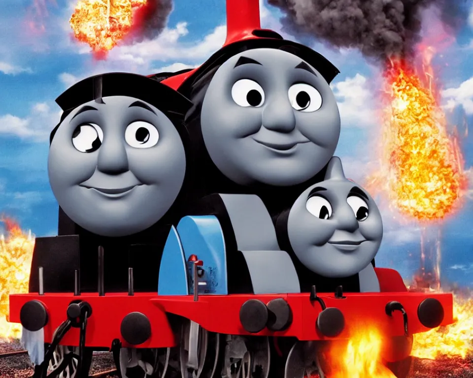 Image similar to thomas the tank engine exploding, movie poster