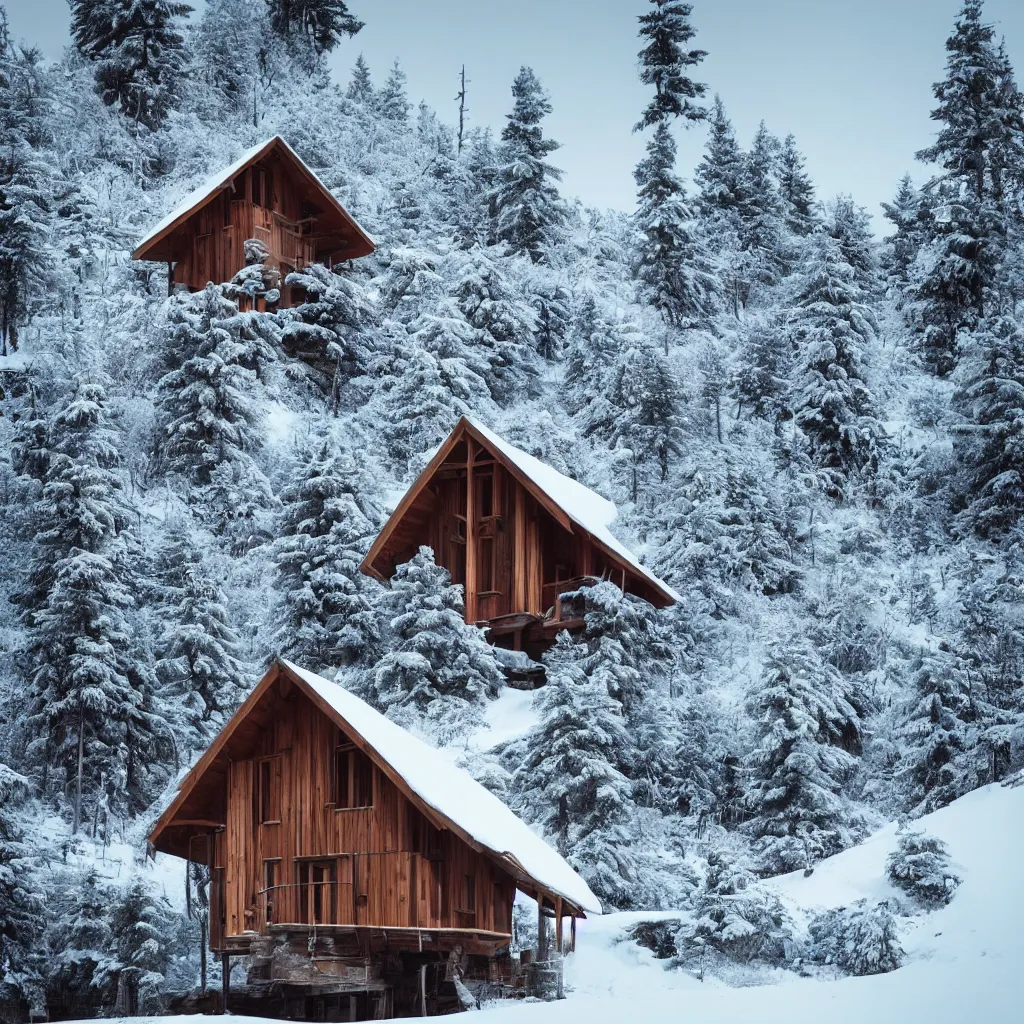 Prompt: “Hyper realistic, wooden cabin in mountain covers by snow, sunset, Future design, architecture design, foggy, organic form, environment, Cinematography, mega scans, sloped site, cinematic, hyper realistic, photo real, cinematic composition, highly detailed, vray, 8k render”