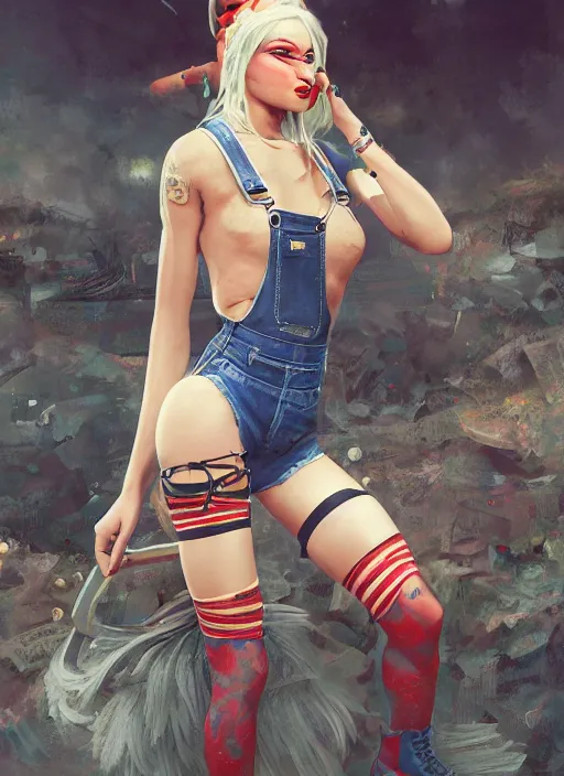Prompt: digital _ painting _ of _ female, painted taktop, overalls, combat boots, short shorts, fishnets _ by _ filipe _ pagliuso _ and _ justin _ gerard _ symmetric _ fantasy _ highly _ detailed _ realistic _ intricate _ port