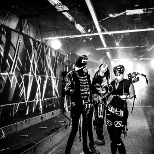 Image similar to electropunk cybergoth band performing in a vast underground bunker, berlin 1 9 8 2, grainy high contrast black and white