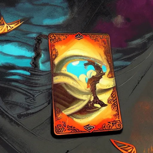 Image similar to taro card deck in the middle of a magic storm, concept art