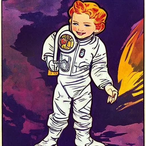 Image similar to a cute little boy with a mischievous face and short ginger hair. he is dressed as an astronaut. well composed, clean elegant painting, beautiful detailed face. comic book art by steve ditko and jack kirby and ( alphonse mucha )