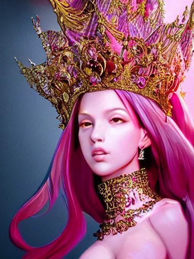 Prompt: pink portrait of beautiful female angel queen Jisoo blackpink head wearing shiny pink crown, subtle purple accents, hyper details, black metal rococo, sculpted by Alex Alice, Craig Mullins, yoji shinkawa, trending on artstation, beautifully lit, Peter mohrbacher, hyper detailed, insane details, intricate, elite, elegant, luxury, ray of light through smoke, CGsociety, hypermaximalist, golden ratio, volumetric, octane render, weta digital, micro details, 3d sculpture