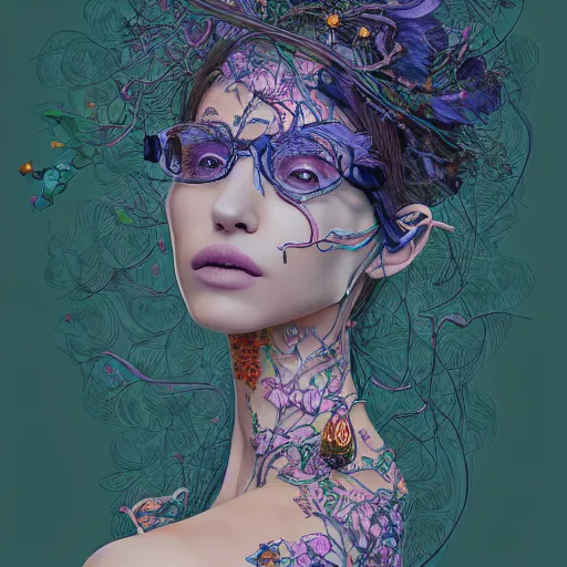 Image similar to the portrait of an incredibly beautiful woman made of potatoes roots and violets, an ultrafine detailed illustration by james jean, final fantasy, intricate linework, bright colors, behance contest winner, vanitas, angular, altermodern, unreal engine 5 highly rendered, global illumination, radiant light, detailed and intricate environment