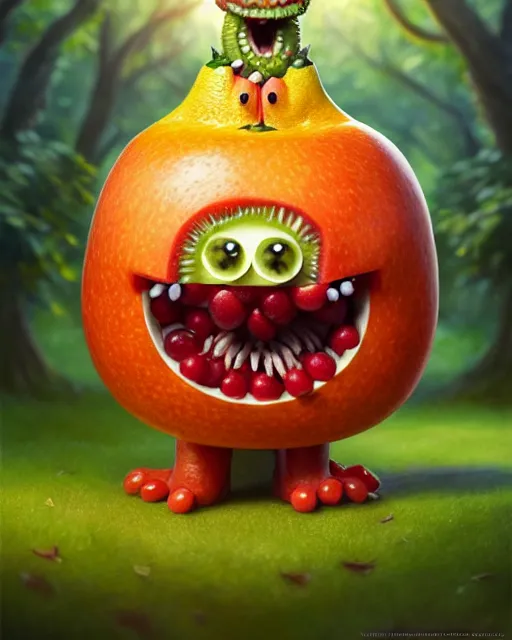 Image similar to portrait of a cute fruit figurine monster made of different fruit, standing in a forest, staring wide open eyes, open mouth, very detailed eyes, trees in the background, sunlight, oil painting, highly detailed, dramatic lighting, hyperrealistic, 8 k, smooth, intricate, artstation, cgsociety, by artgerm, by wlop