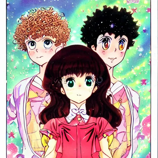 Image similar to a shoujo manga cover with a girl with big sparkly eyes and brown curly hair, in the style of naoko takeuchi ( 1 9 8 0 s )