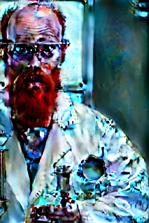 Image similar to an awkwardly tall scientist with 3 eyes and a tangled beard and unruly red hair atop his balding head wearing a labcoat and holding a beaker, high resolution film still, movie by Ivan Reitman, 3rd eye in the middle of the forehead