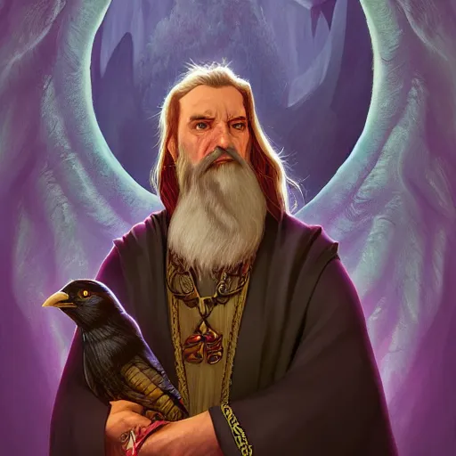 Prompt: Meneldas the Magnificent, a proud wizard with a raven familiar, 8k resolution, full-length portrait, digital painting, fantasy illustration by Brom, D&D character art