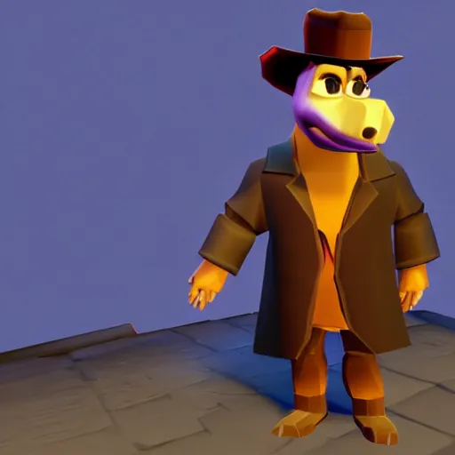 Image similar to image of a humanoid inspector badger with a brown trenchcoat as an npc in spyro the dragon video game, with low poly playstation 1 graphics, upscaled to high resolution