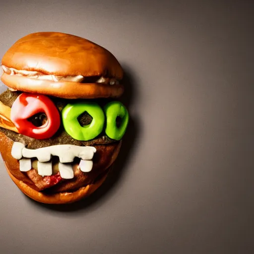 Image similar to a humanoid bipedal upright zombie that strongly resembles a hamburger, professional food photography