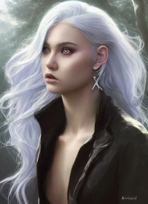Image similar to girl with iridescent silver hair, beautiful highly detailed face, complementary lighting, backlit, eyeshadow, divine, dramatic lighting, landscape background, beautiful painting by artgerm and greg rutkowski and raymond swanland