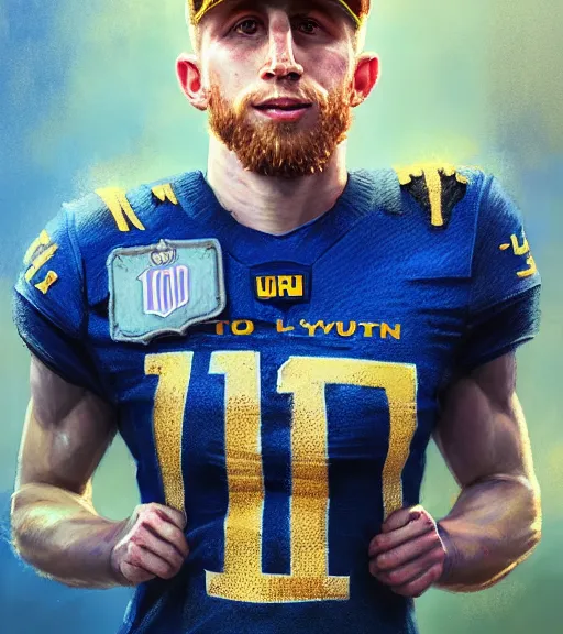 Image similar to highly detailed portrait of cooper kupp, # 1 0 football jersey blue and yellow, unreal engine, fantasy art by greg rutkowski, loish, rhads, ferdinand knab, makoto shinkai and lois van baarle, ilya kuvshinov, rossdraws, tom bagshaw, global illumination, radiant light, detailed and intricate environment