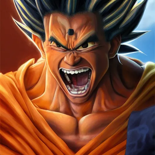 Prompt: beautiful hyperrealistic detailed matte portrait painting of happy goku, by andreas rocha and john howe, and martin johnson