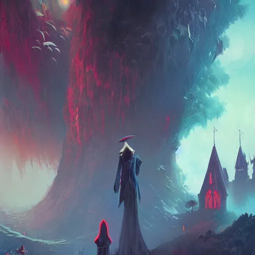 Prompt: Dracula traveling through a beautiful psychedelic world, illustrated by Greg Rutkowski and dr seuss, masterpiece, vivid colors, trending on artstation