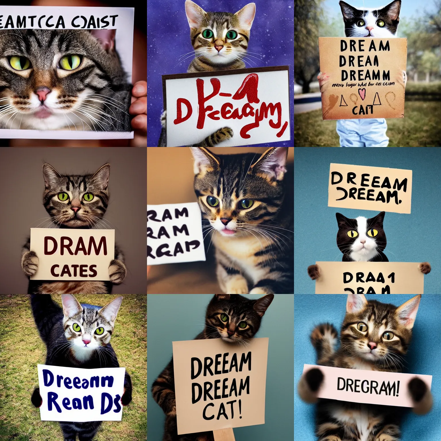 Image similar to realistic high quality photo of a cute cat holding a sign with text that reads : dream cats