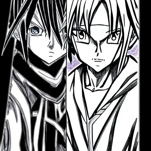 Prompt: anime, manga drawing of yugi muto versus sauron from lotr lord of the rings, yu - gi - oh art