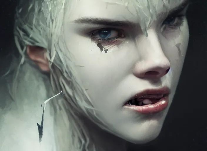 Prompt: close up picture of a white dress girl chasing from grim reaper, holding a little knife, hard breathing, messy hair, messy lines, scared face, beautiful and aesthetic and attractive and detailed face, dramatic situation, specular reflection, occlusion shadow, intricate, bokeh, masterpiece, by ilya kuvshinov and jeremy lipking and quentin mabille