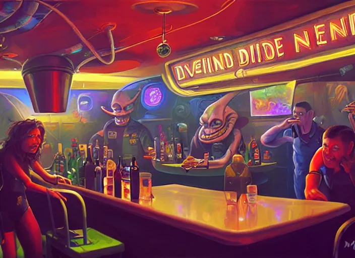 Prompt: crowded dive bar on a space station. an alien bartender serves a drink to a drunk human. painting by dan volbert and mandy jurgens and deiv calviz and lim chuan shin