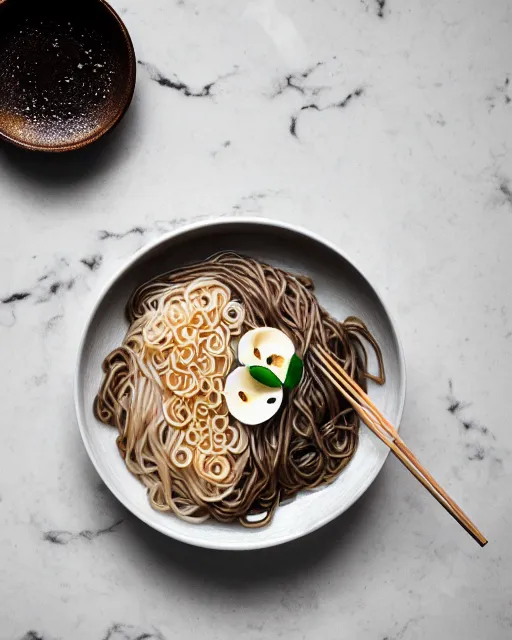 Prompt: realistic photo of delicious miso soba, champignon, bowl, glass, white kitchen table, cloth, marble, highly detailed, by louise lister, sara ali, mary devinat, kailee mandel, sharp focus, masterpiece, award winning, elegant, instagram, food photography