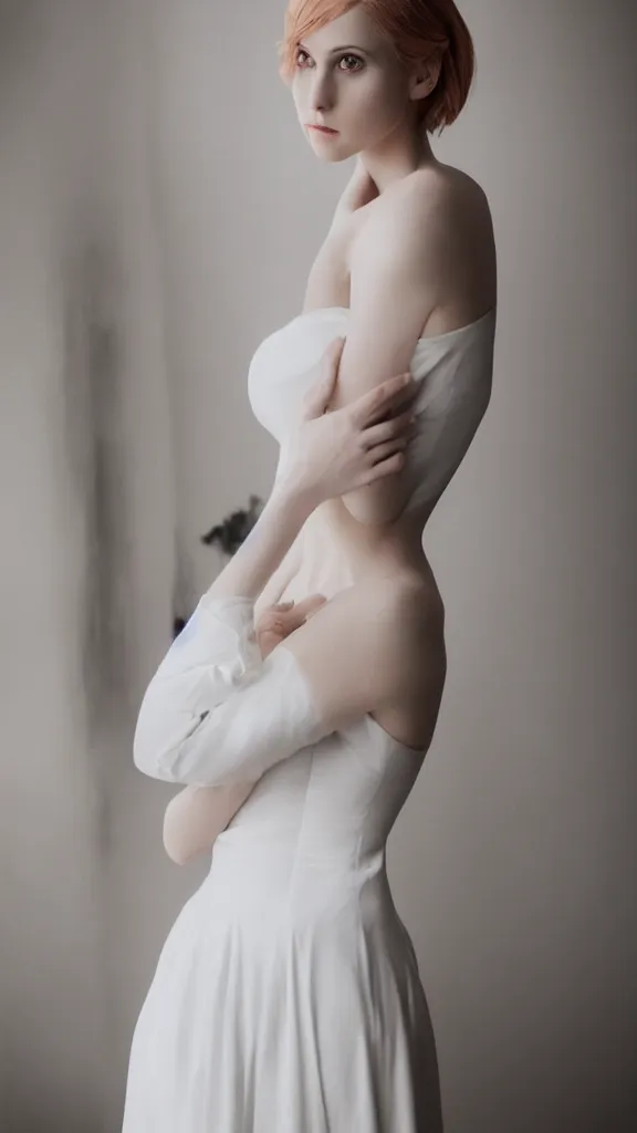 Image similar to photo of gorgeous tall emily skinner cosplaying annie leonhart wearing elegant white dress in a white room, beautiful face, pale skin, rule of thirds, cinematic lighting, rainy weather, melancholy atmosphere, sharp focus, backlit, stunning, smooth, hard focus, full body shot, studio photo, shot on sony a 7 iii, hyper realistic,