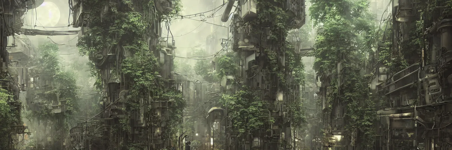 Image similar to Architectural section, dystopian, steampunk style, Miyazaki tekkonkintreet Teikoku Shounen style, amazing Traditional Japanese alley lane on full moon, machinery and wires, lush vegetation and ferns, sun rays, octane render, trending on artstation, hyper detailed, cinematic