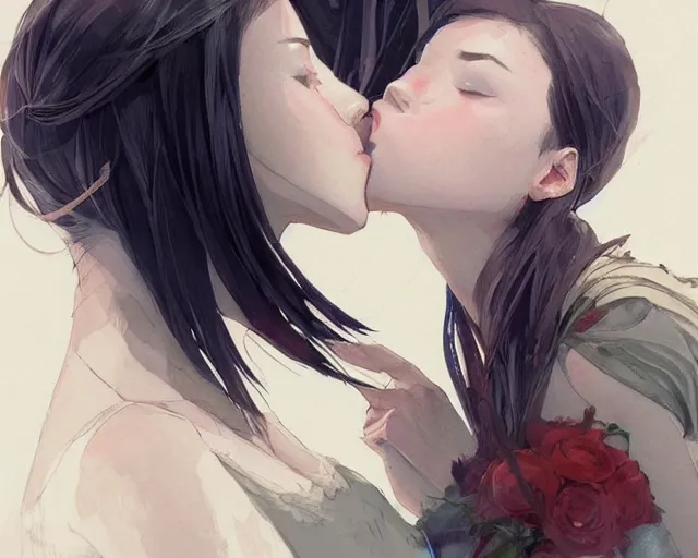 Image similar to girl kissing another girls neck, sharp details, sharp focus, elegant, highly detailed, illustration, by jordan grimmer and greg rutkowski and pine ( ハイネ ) and 薯 子 imoko and 香 川 悠 作 and wlop and maya takamura, intricate, beautiful, trending artstation, pixiv, digital art