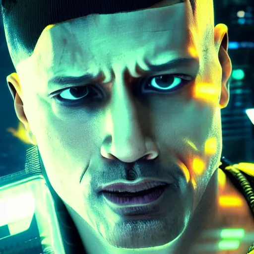 Prompt: dwayne johnson half - robot face, cyberpunk 2 0 7 7, photorealistic, ultra detailed, neon, octane, bokeh, cinematic lighting, cyber, cyberpunk city, studio quality, feature, scars, cyberface, 8 k