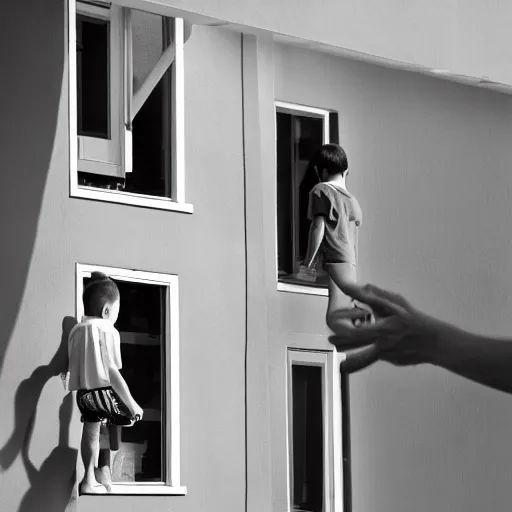 Prompt: Greyscale suburban world, minimalist style, a young boy hangs a shirt on a clothesline on the second floor window, while a young girl watches him from the sidewalk