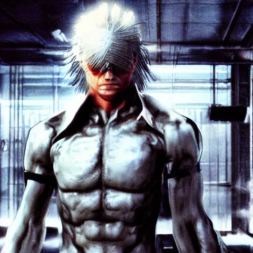 Image similar to Metal Gear Revengeance Raiden as The American Psycho, cinematic still, sweating hard