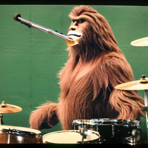 Prompt: Bigfoot playing the drums in a stadium, 1985