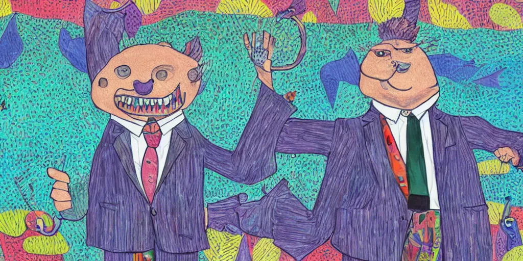 Prompt: an anthropomorphic catfish wearing a suit giving a thumbs up, colourful background, by lisa hanawalt, by wanda gag