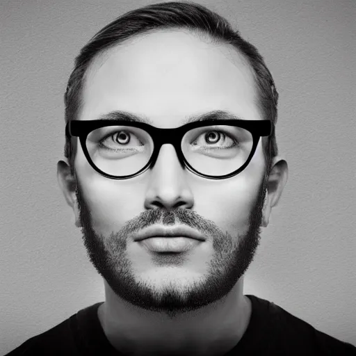 Prompt: realistic face wearing glasses on a black wall