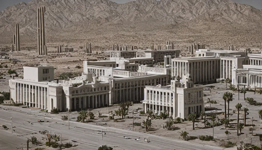 Prompt: 1 9 7 0 s movie still of a empty huge neoclassical town with neoclassical high - rise in the desert, cinestill 8 0 0 t 3 5 mm eastmancolor, heavy grain, high quality, high detailed