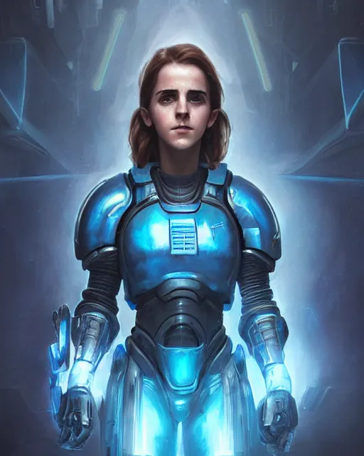 Prompt: portrait, emma watson in starcraft ii, sci - fi, futuristic armor with blue neon lights, space marine, dramatic lighting, highly detailed, digital painting, 3 d render, hyper realistic detailed portrait, greg rutkowski, wlop, ruan jia, peter mohrbacher