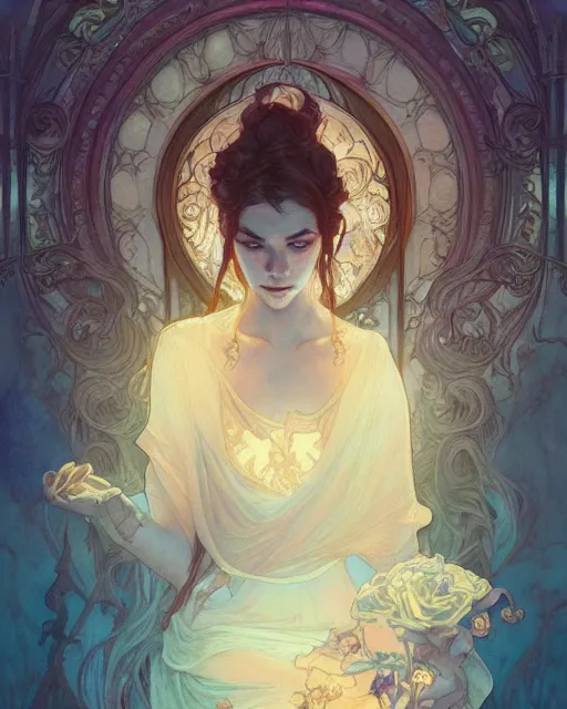 Image similar to death, highly detailed, gold filigree, romantic storybook fantasy, soft cinematic lighting, award, disney concept art watercolor illustration by mandy jurgens and alphonse mucha and alena aenami, pastel color palette, featured on artstation