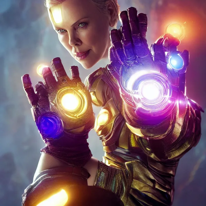 Image similar to (The Infinity Gauntlet), Charlize Theron, intricate artwork. octane render, trending on artstation, very coherent symmetrical artwork. avengers. thanos. cinematic, hyper realism, high detail, octane render, 8k, iridescent accents